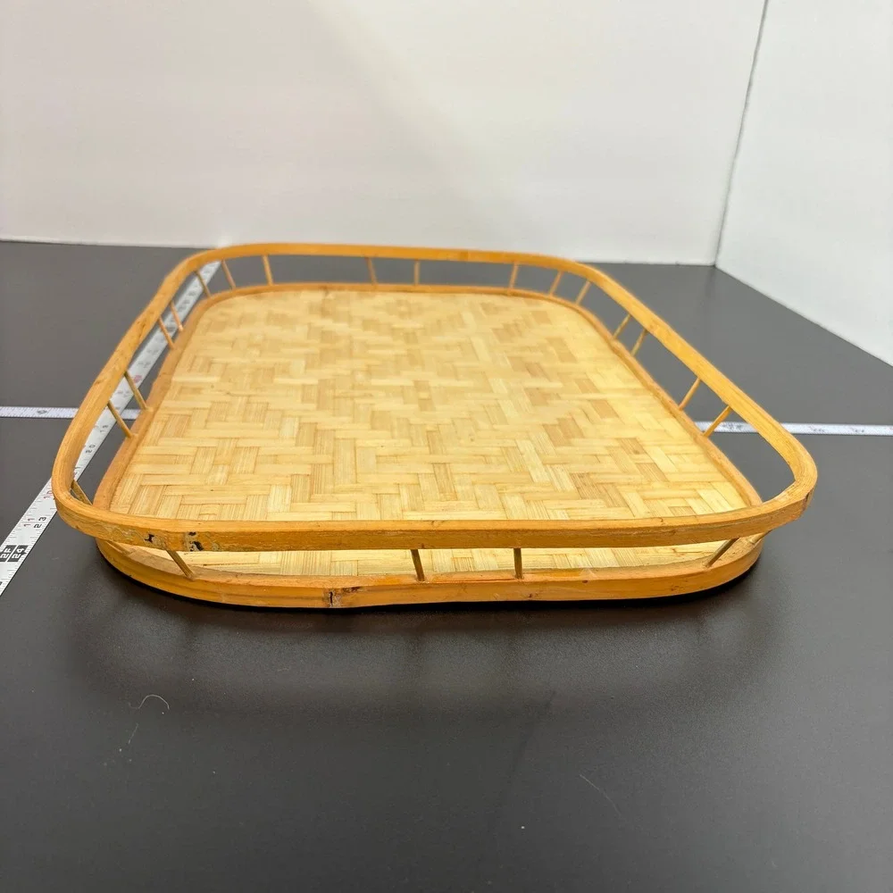 Woven Bamboo Serving Tray 16x11 Tan Boho Coastal Home Decor Style Layer Natural